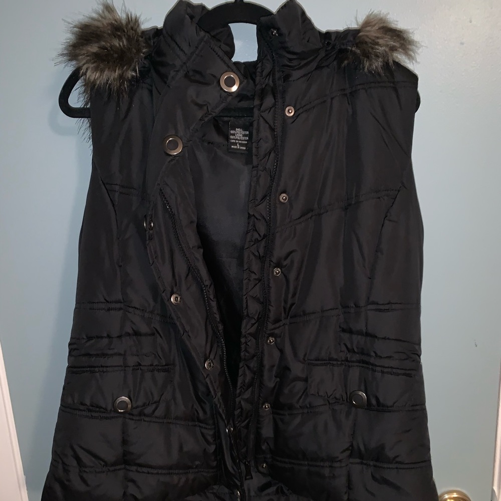 New York & Company Puffer Vest with Faux Fur Hood
